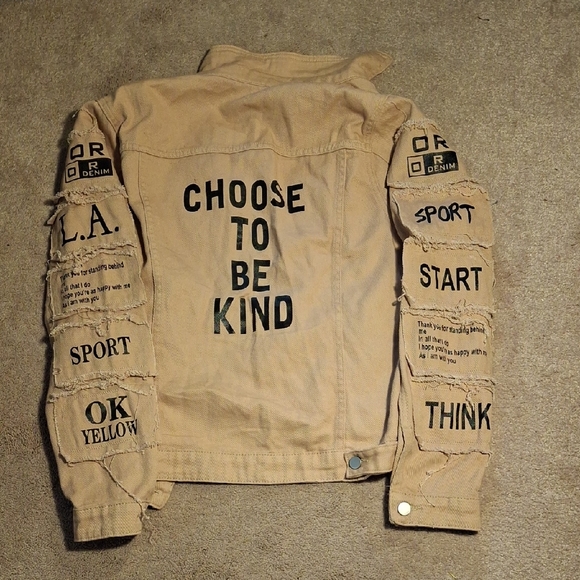 SHEIN Jackets & Blazers - SHEIN tan Denim Jacket with Graphic Text